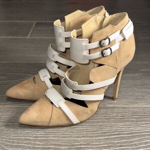 Paper Fox Cary Tan And White Strappy Buckle Women’s High Heel Size US 8